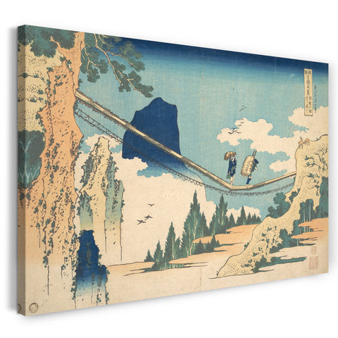 Leinwandbild Katsushika Hokusai - Die Hängebrücke an der Grenze der Hida und Etchū Provinzen (Hietsu no sakai tsuribashi), aus der Serie Bemerkenswerte Ansichten von Brücken in verschiedenen Provinzen (Shokoku meikyō kiran)