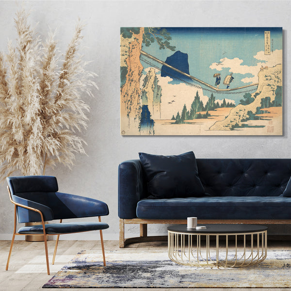 Leinwandbild Katsushika Hokusai - Die Hängebrücke an der Grenze der Hida und Etchū Provinzen (Hietsu no sakai tsuribashi), aus der Serie Bemerkenswerte Ansichten von Brücken in verschiedenen Provinzen (Shokoku meikyō kiran)