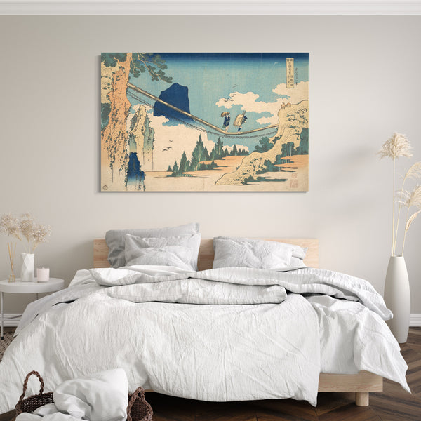 Leinwandbild Katsushika Hokusai - Die Hängebrücke an der Grenze der Hida und Etchū Provinzen (Hietsu no sakai tsuribashi), aus der Serie Bemerkenswerte Ansichten von Brücken in verschiedenen Provinzen (Shokoku meikyō kiran)