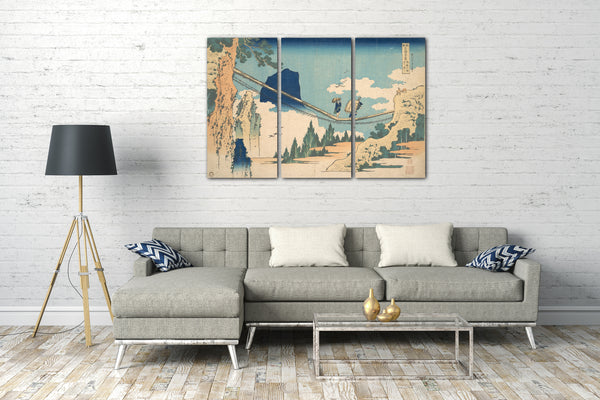 Leinwandbild Katsushika Hokusai - Die Hängebrücke an der Grenze der Hida und Etchū Provinzen (Hietsu no sakai tsuribashi), aus der Serie Bemerkenswerte Ansichten von Brücken in verschiedenen Provinzen (Shokoku meikyō kiran)