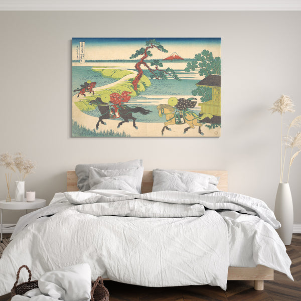 Leinwandbild Katsushika Hokusai - Sekiya Dorf am Sumida Fluss (Sumidagawa Sekiya no Sato), aus der Serie Sechsunddreißig Ansichten des Berges Fuji (Fugaku sanjūrokkei)