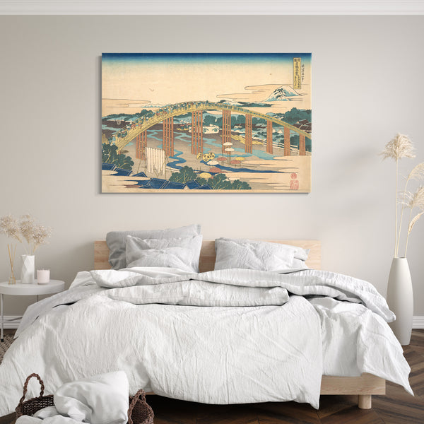 Leinwandbild Katsushika Hokusai - Die Yahagi-Brücke in Okazaki am Tōkaidō (Tōkaidō Okazaki Yahagi no hashi), aus der Serie Bemerkenswerte Ansichten von Brücken in verschiedenen Provinzen (Shokoku meikyō kiran)