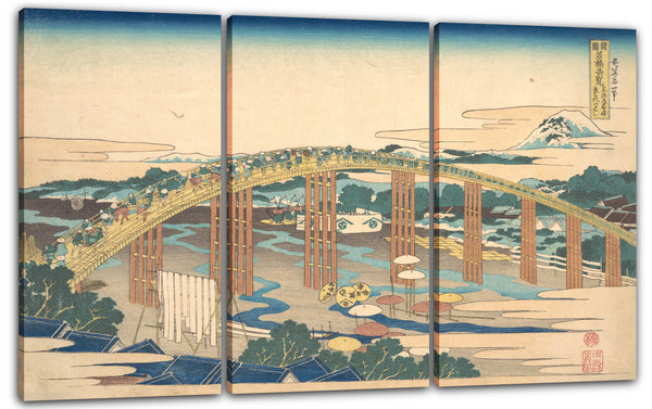 Leinwandbild Katsushika Hokusai - Die Yahagi-Brücke in Okazaki am Tōkaidō (Tōkaidō Okazaki Yahagi no hashi), aus der Serie Bemerkenswerte Ansichten von Brücken in verschiedenen Provinzen (Shokoku meikyō kiran)