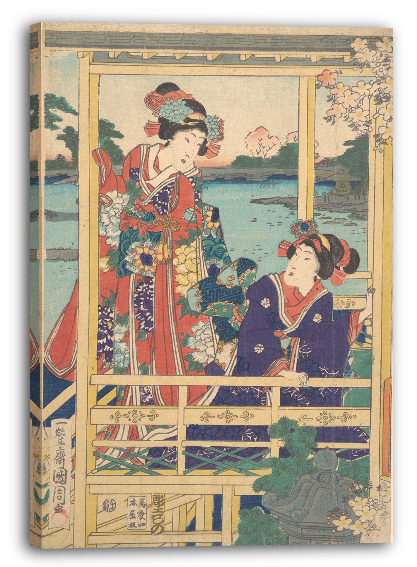 Leinwandbild Toyohara Kunichika - Zwei Schönheiten bei Spring Garden an einem Teich