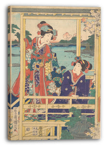 Leinwandbild Toyohara Kunichika - Zwei Schönheiten bei Spring Garden an einem Teich