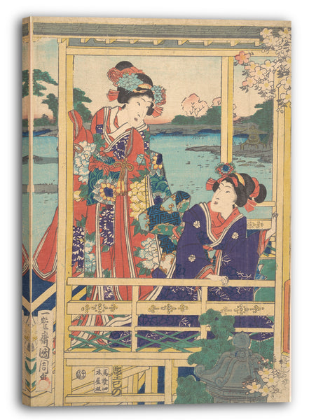 Leinwandbild Toyohara Kunichika - Zwei Schönheiten bei Spring Garden an einem Teich
