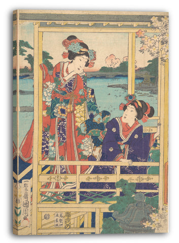 Leinwandbild Toyohara Kunichika - Zwei Schönheiten bei Spring Garden an einem Teich