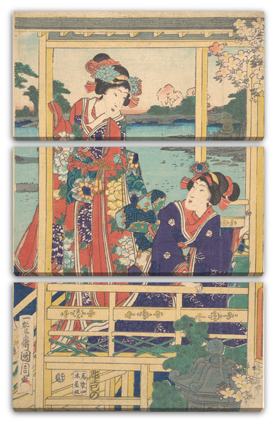 Leinwandbild Toyohara Kunichika - Zwei Schönheiten bei Spring Garden an einem Teich
