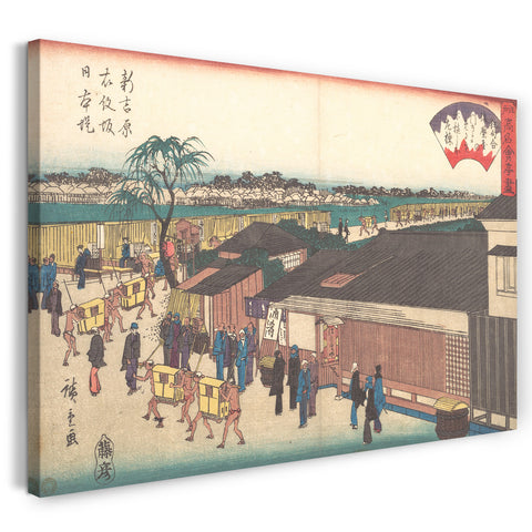 Leinwandbild Utagawa Hiroshige - Shinyoshiwara Emonzaka Nihonzutsumi (Harimaya) Das Harimaya bei Shinyoshiwara Emonzaka Nihonzutsumi