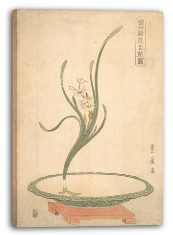 Leinwandbild Utagawa Toyohiro - Blumengesteck von Suisen (Narcissus) in einem flachen grünen Teller