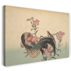 Leinwandbild Katsushika Hokusai - Hahn, Henne und Nadeshiko (Dianthus Superbus)