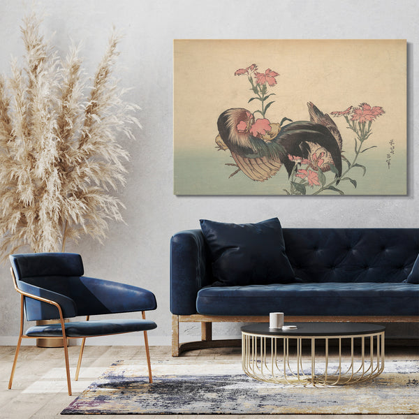 Leinwandbild Katsushika Hokusai - Hahn, Henne und Nadeshiko (Dianthus Superbus)