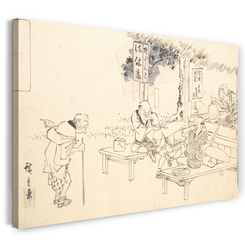 Leinwandbild Utagawa Hiroshige - Die berühmten Witzbolde Yajirobei in einem Restaurant am Wegesrand