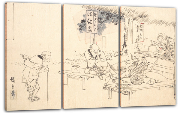 Leinwandbild Utagawa Hiroshige - Die berühmten Witzbolde Yajirobei in einem Restaurant am Wegesrand