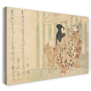 Leinwandbild Ryūryūkyo Shinsai - Kurtisane mit Begleitern, Junge und Dienstmädchen, im Regen unter einem Regenschirm