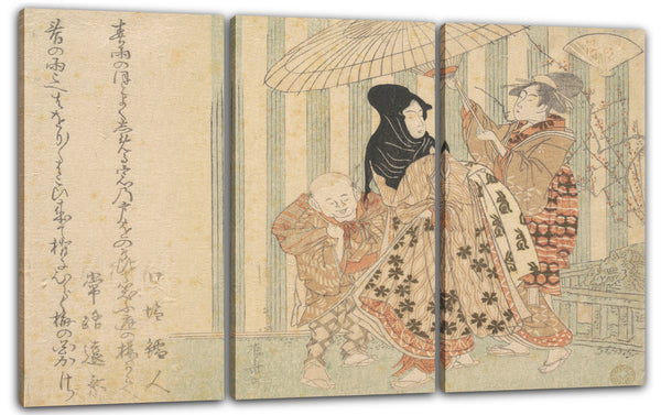 Leinwandbild Ryūryūkyo Shinsai - Kurtisane mit Begleitern, Junge und Dienstmädchen, im Regen unter einem Regenschirm