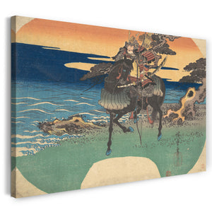 Leinwandbild Utagawa Hiroshige - Krieger, der schwarzes Pferd entlang des Seeufers reitet