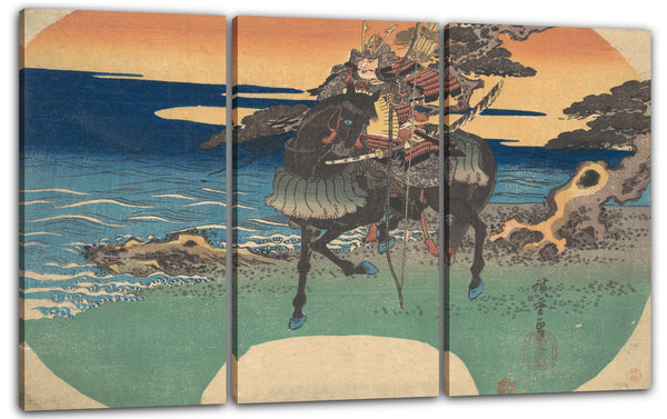 Leinwandbild Utagawa Hiroshige - Krieger, der schwarzes Pferd entlang des Seeufers reitet
