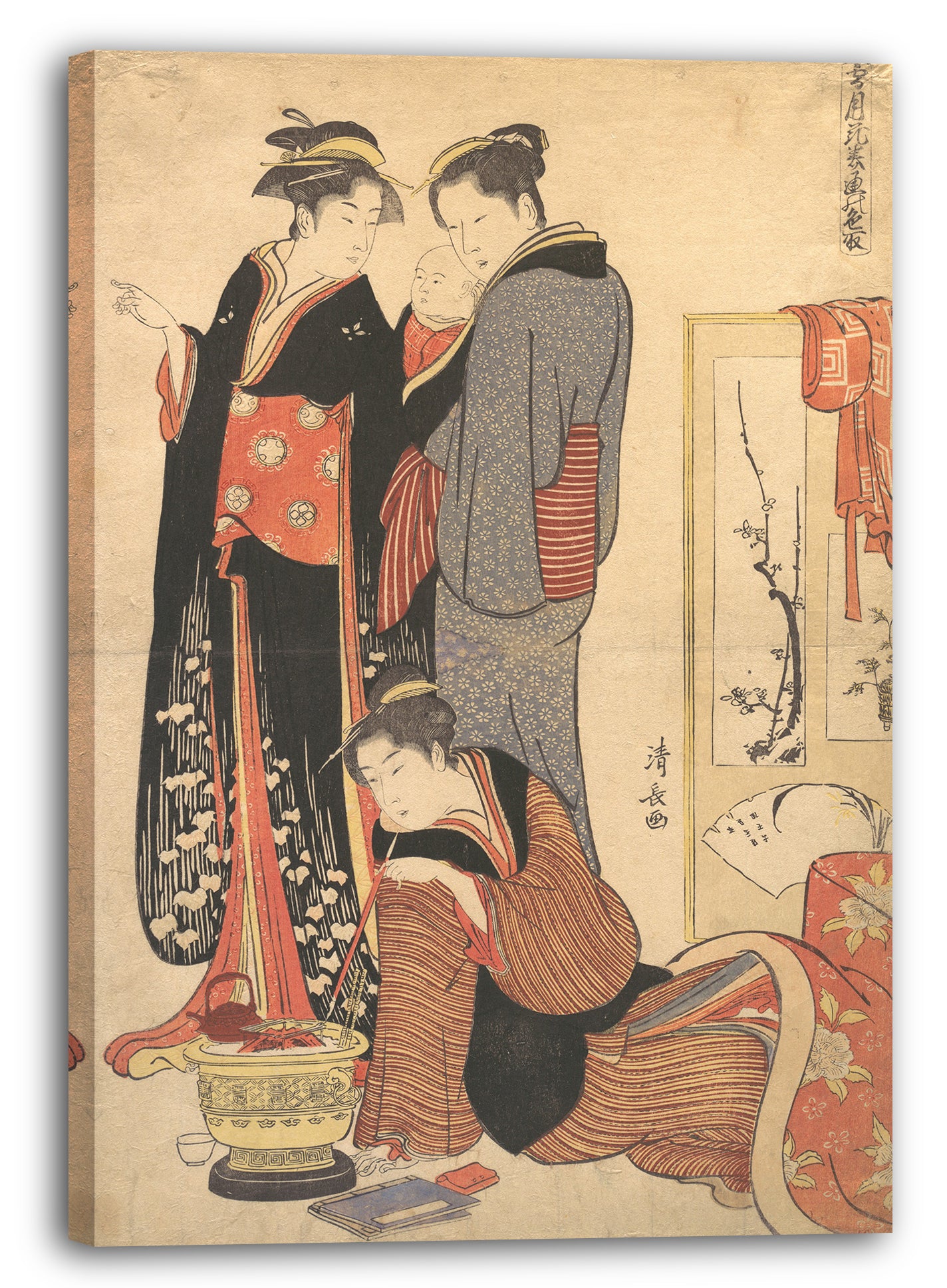 Leinwandbild Torii Kiyonaga - Zwei Frauen, die stehen und ein Kind halten