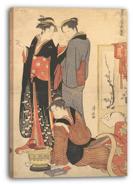 Leinwandbild Torii Kiyonaga - Zwei Frauen, die stehen und ein Kind halten