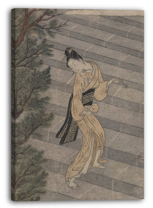 Leinwandbild Suzuki Harunobu - Junge Frau, die Steintreppe zu einem Shinto-Tempel klettert