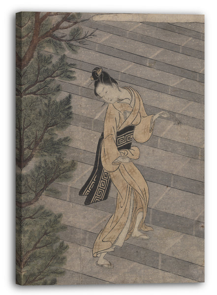 Leinwandbild Suzuki Harunobu - Junge Frau, die Steintreppe zu einem Shinto-Tempel klettert