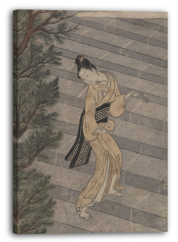 Leinwandbild Suzuki Harunobu - Junge Frau, die Steintreppe zu einem Shinto-Tempel klettert