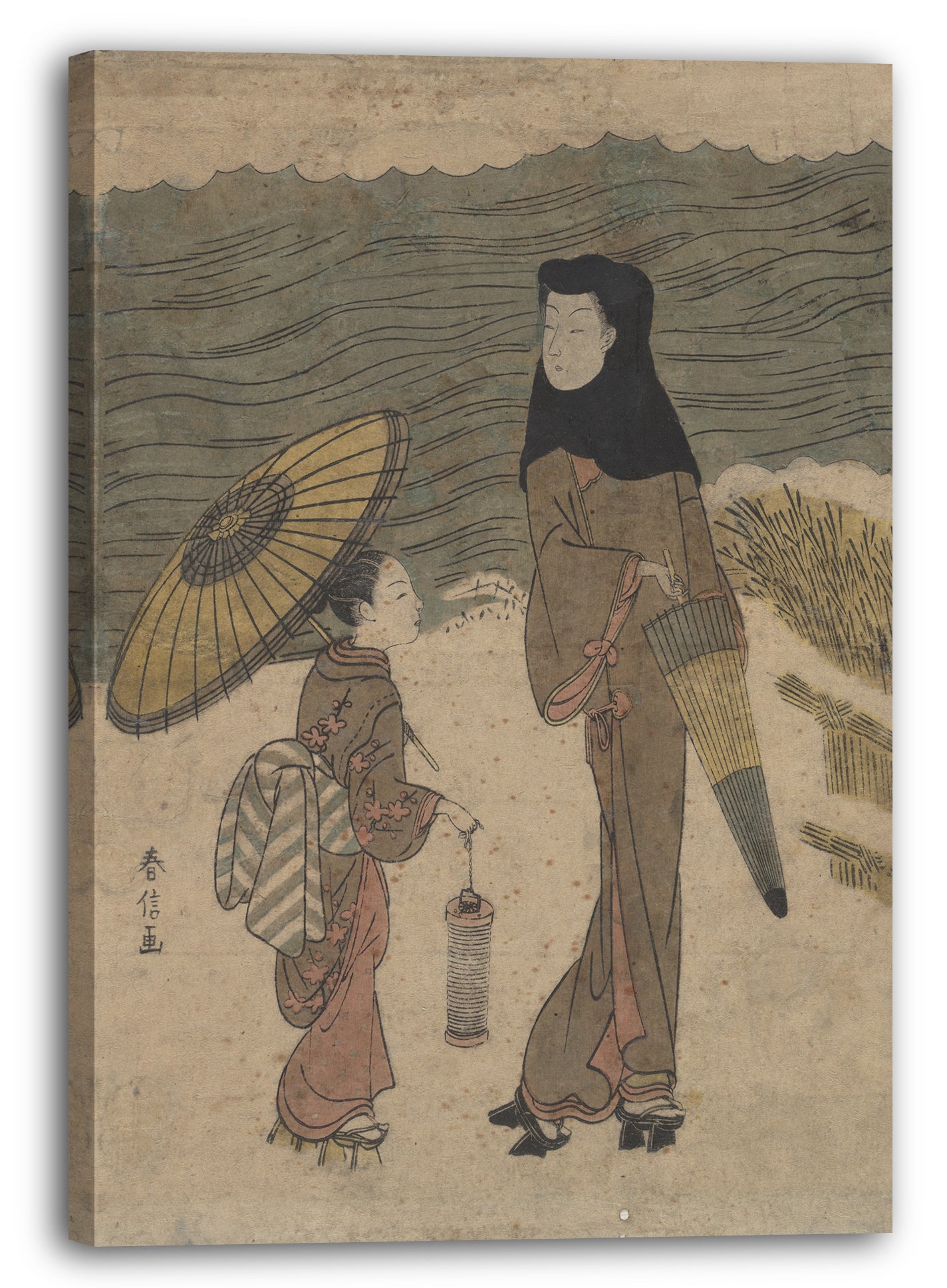 Leinwandbild Suzuki Harunobu - Dame mit schwarzer Kapuze und Regenschirm, die mit einer jungen Begleiterin geht