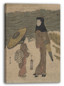 Leinwandbild Suzuki Harunobu - Dame mit schwarzer Kapuze und Regenschirm, die mit einer jungen Begleiterin geht