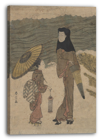 Leinwandbild Suzuki Harunobu - Dame mit schwarzer Kapuze und Regenschirm, die mit einer jungen Begleiterin geht