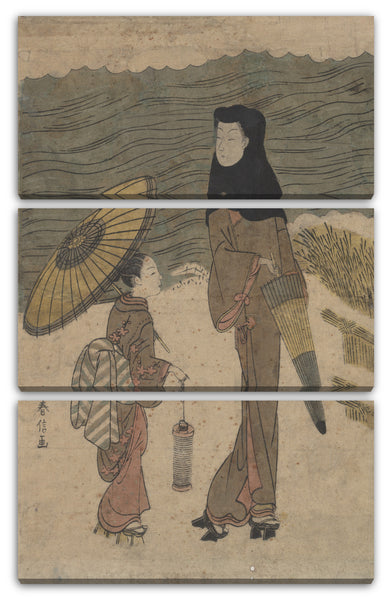 Leinwandbild Suzuki Harunobu - Dame mit schwarzer Kapuze und Regenschirm, die mit einer jungen Begleiterin geht