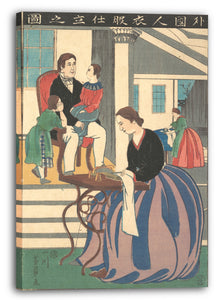 Leinwandbild Utagawa Yoshikazu - Gaikokujin ifuku shitate no zu Picture eines Ausländers, der Kleidung herstellt