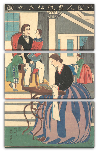 Leinwandbild Utagawa Yoshikazu - Gaikokujin ifuku shitate no zu Picture eines Ausländers, der Kleidung herstellt
