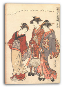 Leinwandbild Torii Kiyonaga - Zwei Geisha hinter einem Mädchen, das eine Laterne trägt