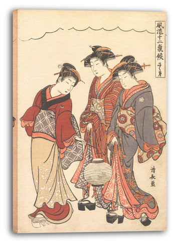 Leinwandbild Torii Kiyonaga - Zwei Geisha hinter einem Mädchen, das eine Laterne trägt
