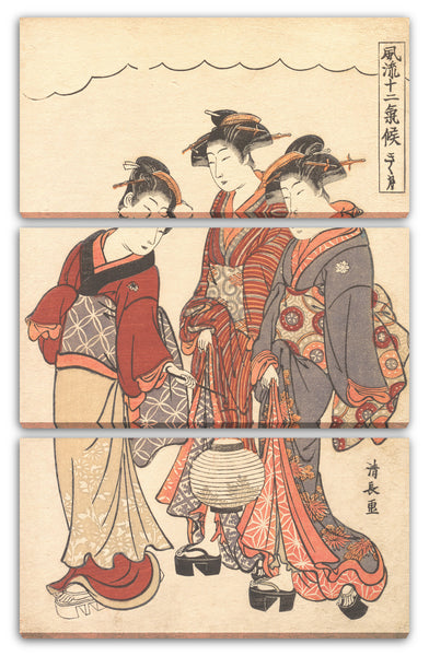 Leinwandbild Torii Kiyonaga - Zwei Geisha hinter einem Mädchen, das eine Laterne trägt