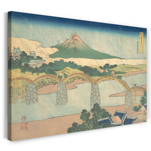 Leinwandbild Katsushika Hokusai - Kintai Brücke in der Provinz Suō (Suō no kuni Kintaibashi), aus der Serie Bemerkenswerte Ansichten von Brücken in verschiedenen Provinzen (Shokoku meikyō kiran)