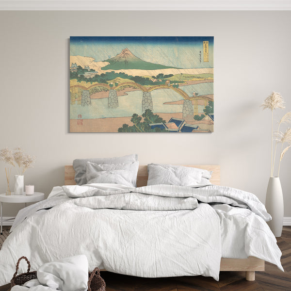 Leinwandbild Katsushika Hokusai - Kintai Brücke in der Provinz Suō (Suō no kuni Kintaibashi), aus der Serie Bemerkenswerte Ansichten von Brücken in verschiedenen Provinzen (Shokoku meikyō kiran)