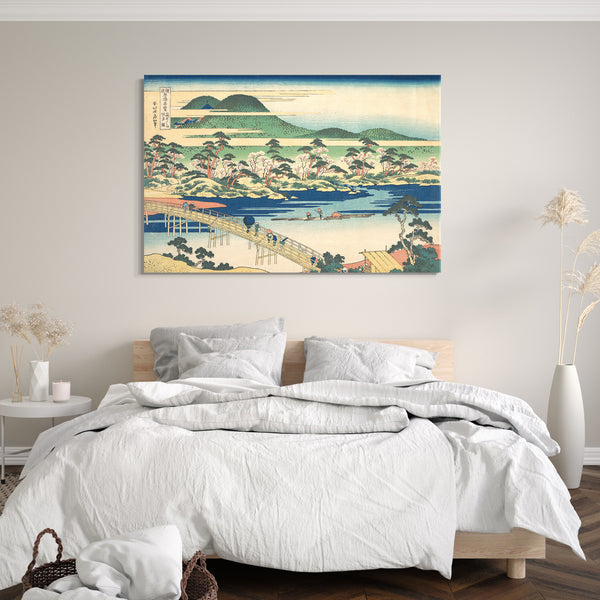 Leinwandbild Katsushika Hokusai - Die Togetsu-Brücke bei Arashiyama in Yamashiro, aus der Serie Bemerkenswerte Ansichten von Brücken in verschiedenen Provinzen (Shokoku meikyō kiran)