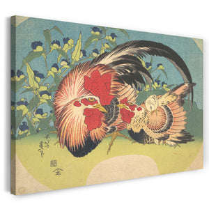 Leinwandbild Katsushika Hokusai - Hahn, Henne und Huhn und Commeliniden