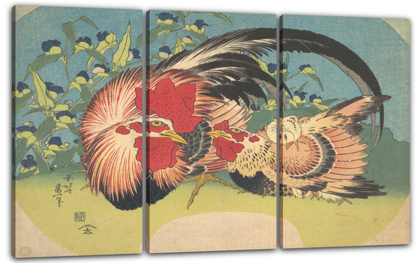 Leinwandbild Katsushika Hokusai - Hahn, Henne und Huhn und Commeliniden
