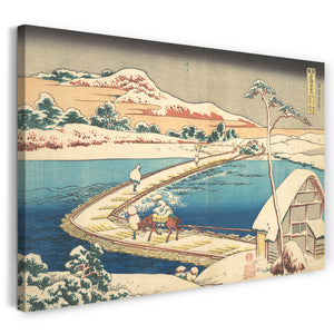 Leinwandbild Katsushika Hokusai - Alte Ansicht der Bootsbrücke bei Sano in der Provinz Kōzuke (Kōzuke Sano funabashi no kozu), aus der Serie Bemerkenswerte Ansichten von Brücken in verschiedenen Provinzen (Shokoku meikyō kiran)