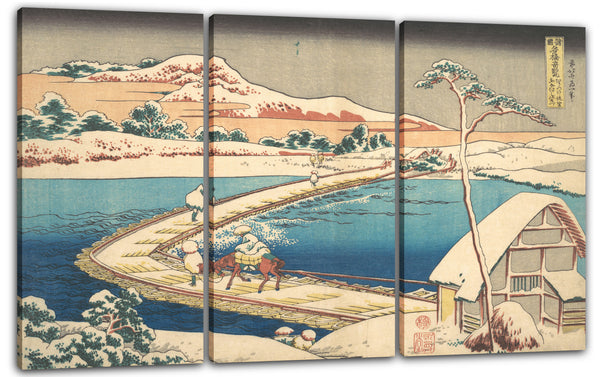 Leinwandbild Katsushika Hokusai - Alte Ansicht der Bootsbrücke bei Sano in der Provinz Kōzuke (Kōzuke Sano funabashi no kozu), aus der Serie Bemerkenswerte Ansichten von Brücken in verschiedenen Provinzen (Shokoku meikyō kiran)