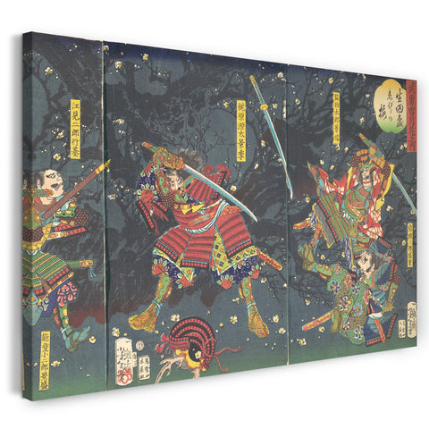 Leinwandbild Tsukioka Yoshitoshi - Pflaumenblüten im Wald von Ikuta, aus der Serie Tapferkeit-Schönheit der vier Jahreszeiten (Buyū setsugekka no uchi-Ikuta no mori, Ebira no ume)