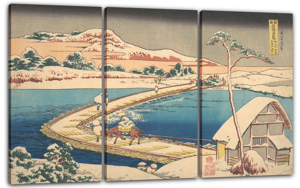 Leinwandbild Katsushika Hokusai - Alte Ansicht der Bootsbrücke bei Sano in der Provinz Kōzuke (Kōzuke Sano funabashi no kozu), aus der Serie Bemerkenswerte Ansichten von Brücken in verschiedenen Provinzen (Shokoku meikyō kiran)