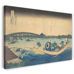 Leinwandbild Katsushika Hokusai - Den Sonnenuntergang über der Ryōgoku-Brücke vom Onmayagashi-Kai aus betrachten (Onmayagashi yori Ryōgokubashi sekiyō o miru), aus der Serie Sechsunddreißig Ansichten des Berges Fuji (Fugaku sanjūrokkei)