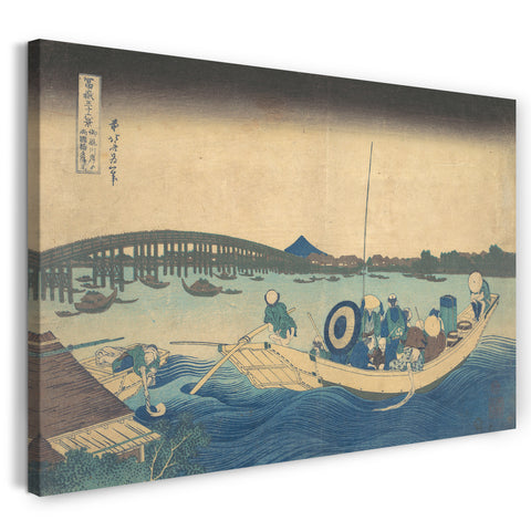 Leinwandbild Katsushika Hokusai - Den Sonnenuntergang über der Ryōgoku-Brücke vom Onmayagashi-Kai aus betrachten (Onmayagashi yori Ryōgokubashi sekiyō o miru), aus der Serie Sechsunddreißig Ansichten des Berges Fuji (Fugaku sanjūrokkei)