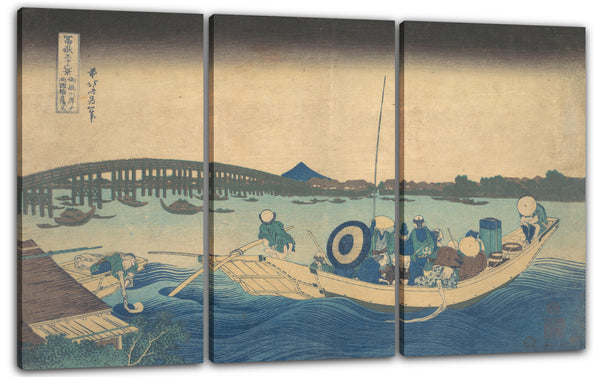 Leinwandbild Katsushika Hokusai - Den Sonnenuntergang über der Ryōgoku-Brücke vom Onmayagashi-Kai aus betrachten (Onmayagashi yori Ryōgokubashi sekiyō o miru), aus der Serie Sechsunddreißig Ansichten des Berges Fuji (Fugaku sanjūrokkei)