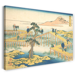 Leinwandbild Katsushika Hokusai - Alte Ansicht von Yatsuhashi in der Provinz Mikawa (Mikawa no Yatsuhashi no kozu), aus der Serie Bemerkenswerte Ansichten von Brücken in verschiedenen Provinzen (Shokoku meikyō kiran)