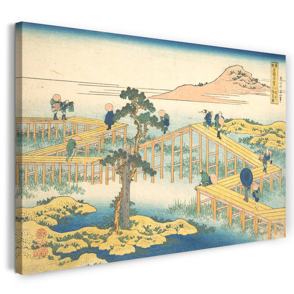Leinwandbild Katsushika Hokusai - Alte Ansicht von Yatsuhashi in der Provinz Mikawa (Mikawa no Yatsuhashi no kozu), aus der Serie Bemerkenswerte Ansichten von Brücken in verschiedenen Provinzen (Shokoku meikyō kiran)